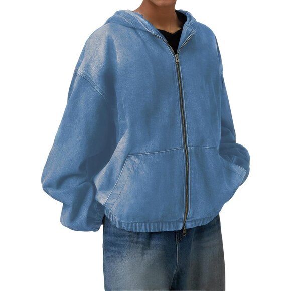 Women's Denim Hoodie Zip Up Jacket with Pockets Casual Warmth and Style - Picture 2 of 4